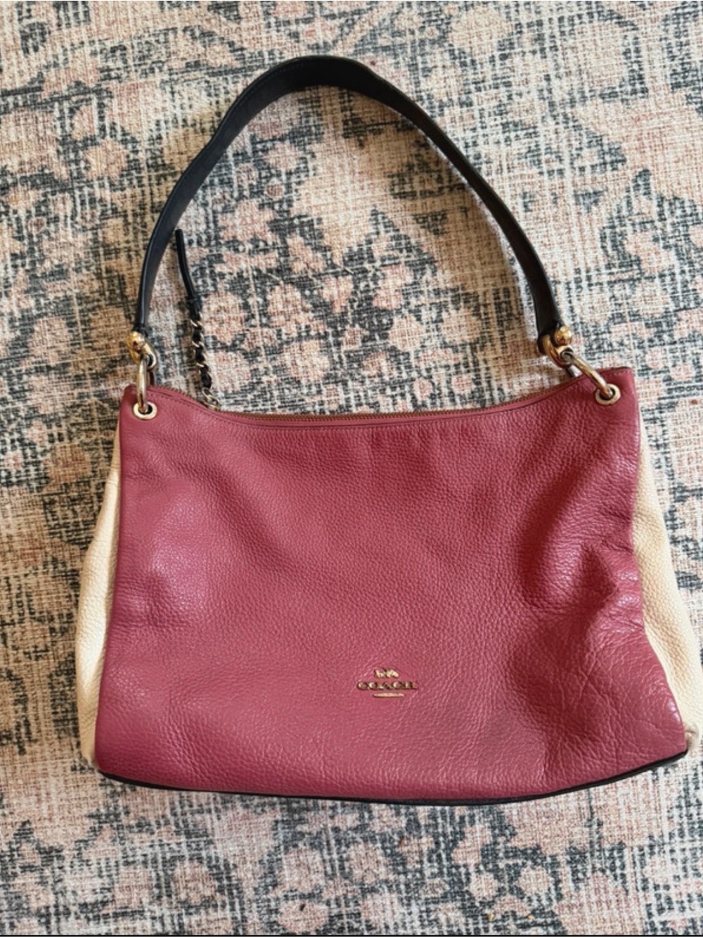 Coach Pebbled Leather Shoulder Bag in Burgundy, Cream & Black